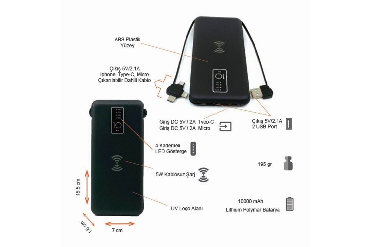 10000 mAh Wireless Powerbank (Dahili Kablolu) K410