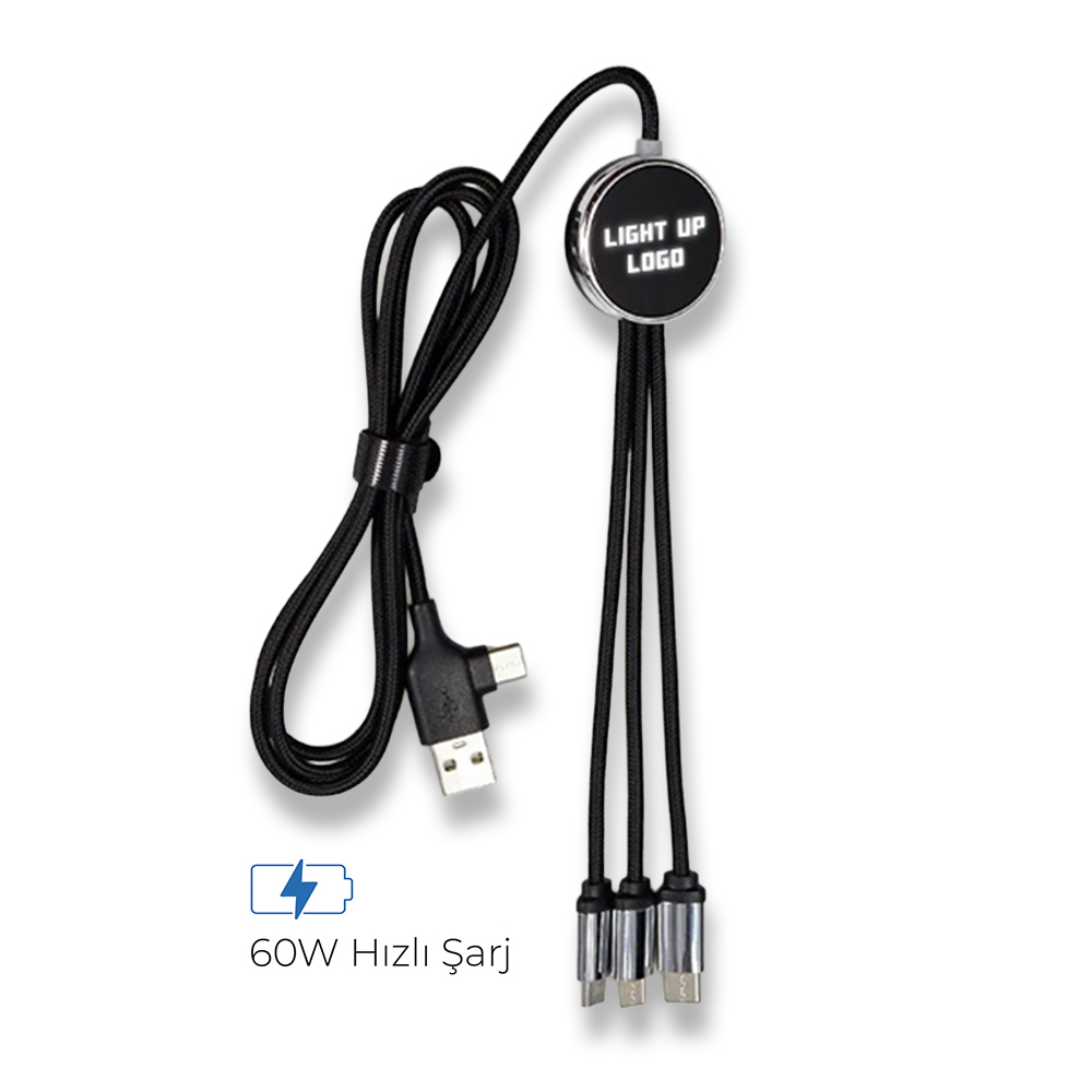 Işıklı Logo 60W Hızlı Type C Uçlu Data Transferli Şarj Kablosu