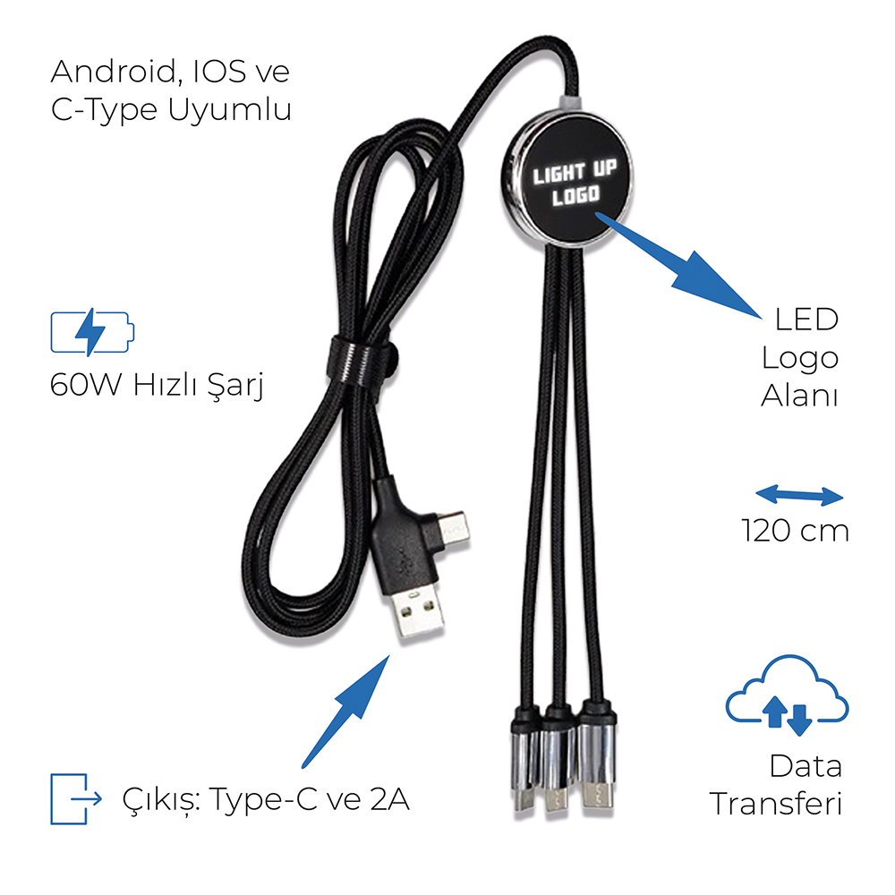 Işıklı Logo 60W Hızlı Type C Uçlu Data Transferli Şarj Kablosu